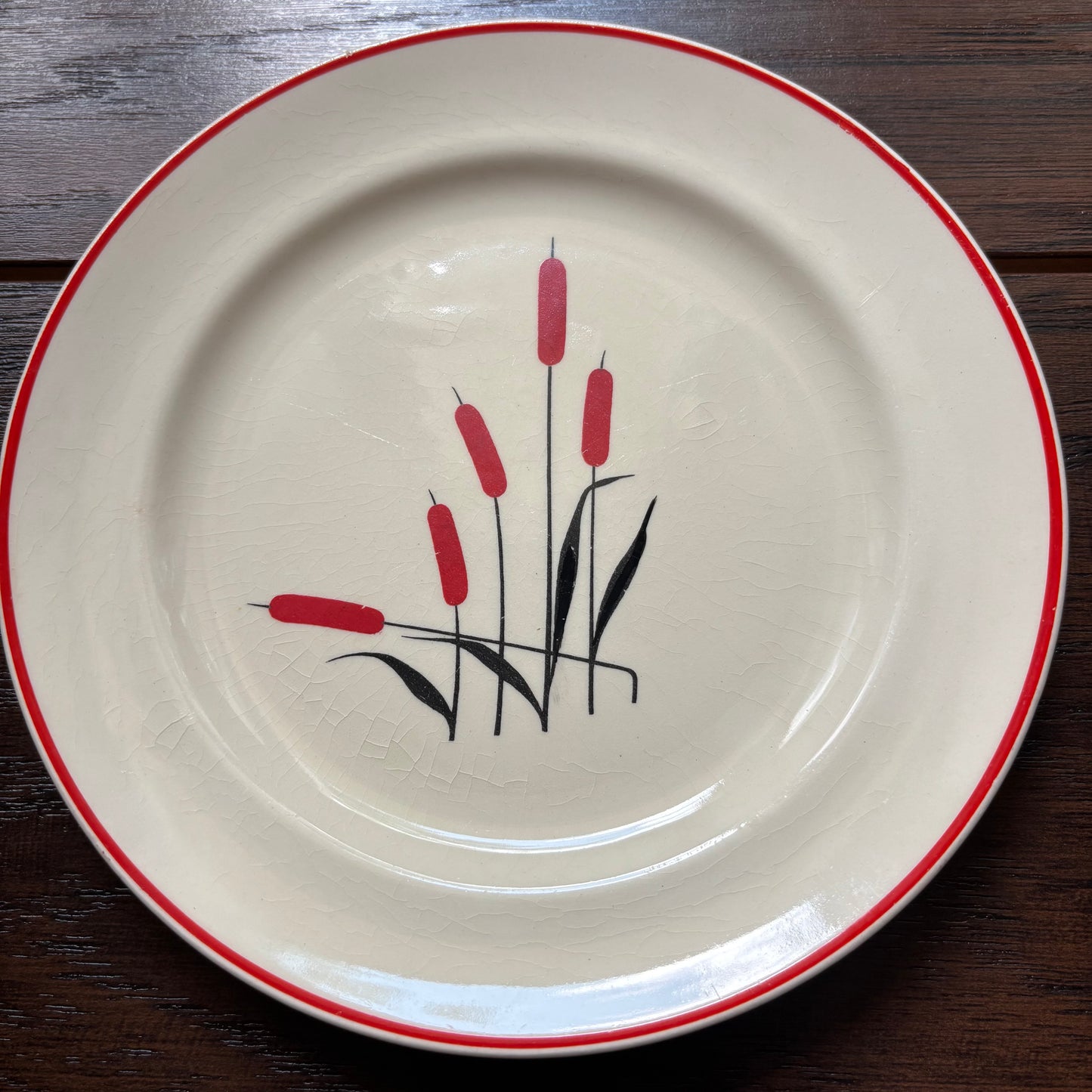 Vintage Universal Cambridge Camwood Ivory Cattail Dinner Plate Set | Mid Century Modern Red Rim Pottery | 4 Dinner & 2 Bread Plates | USA