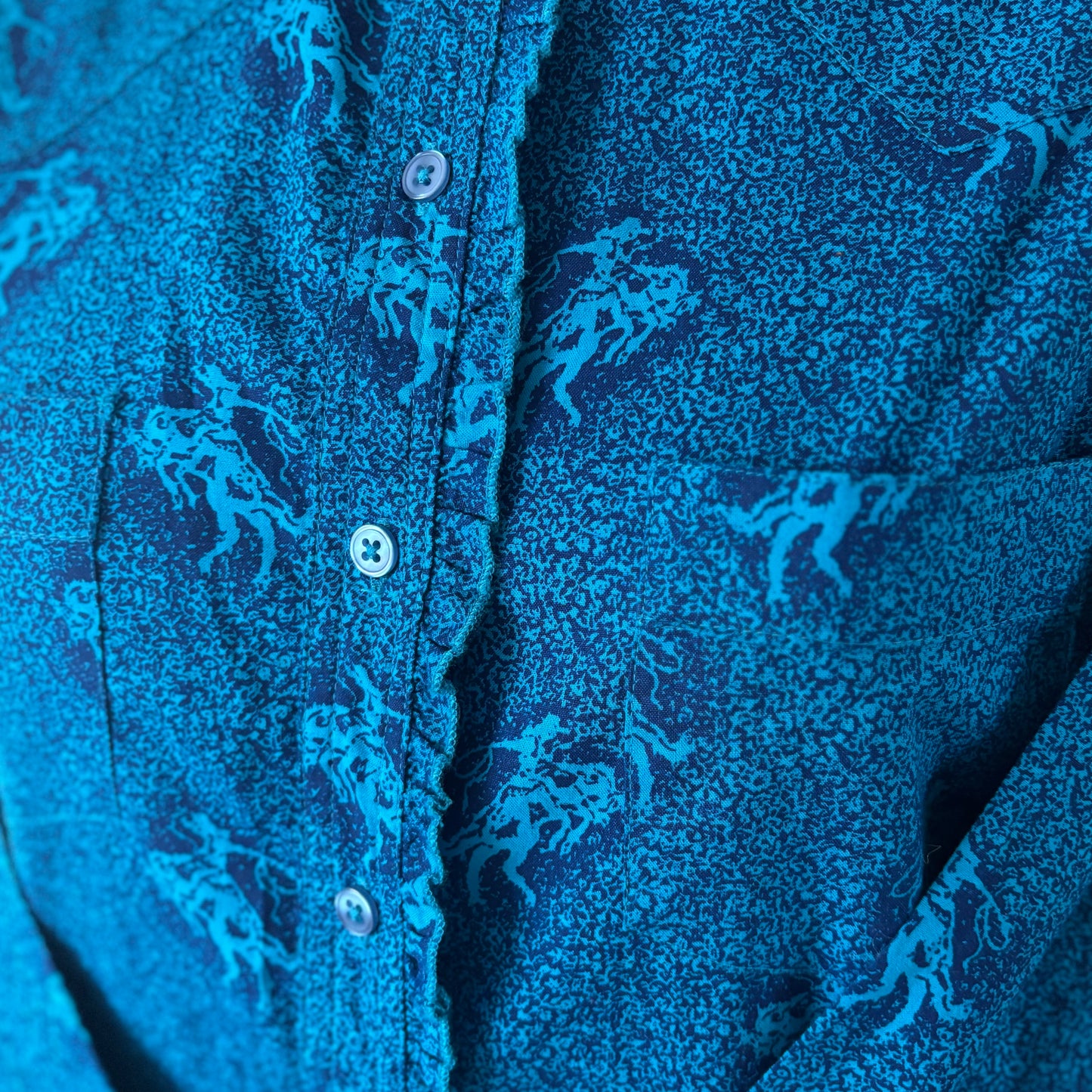 Vintage Wrangler Blues Western Shirt NWT | Turquoise Horse Print Button Up | Women’s Cotton Cowgirl Shirt | Deadstock Rodeo Top