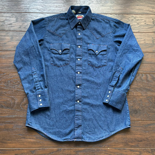 70’s Vintage Western Men’s Miller Western Wear Snap Button Chambray Shirt With Orange Stitching | Deadstock