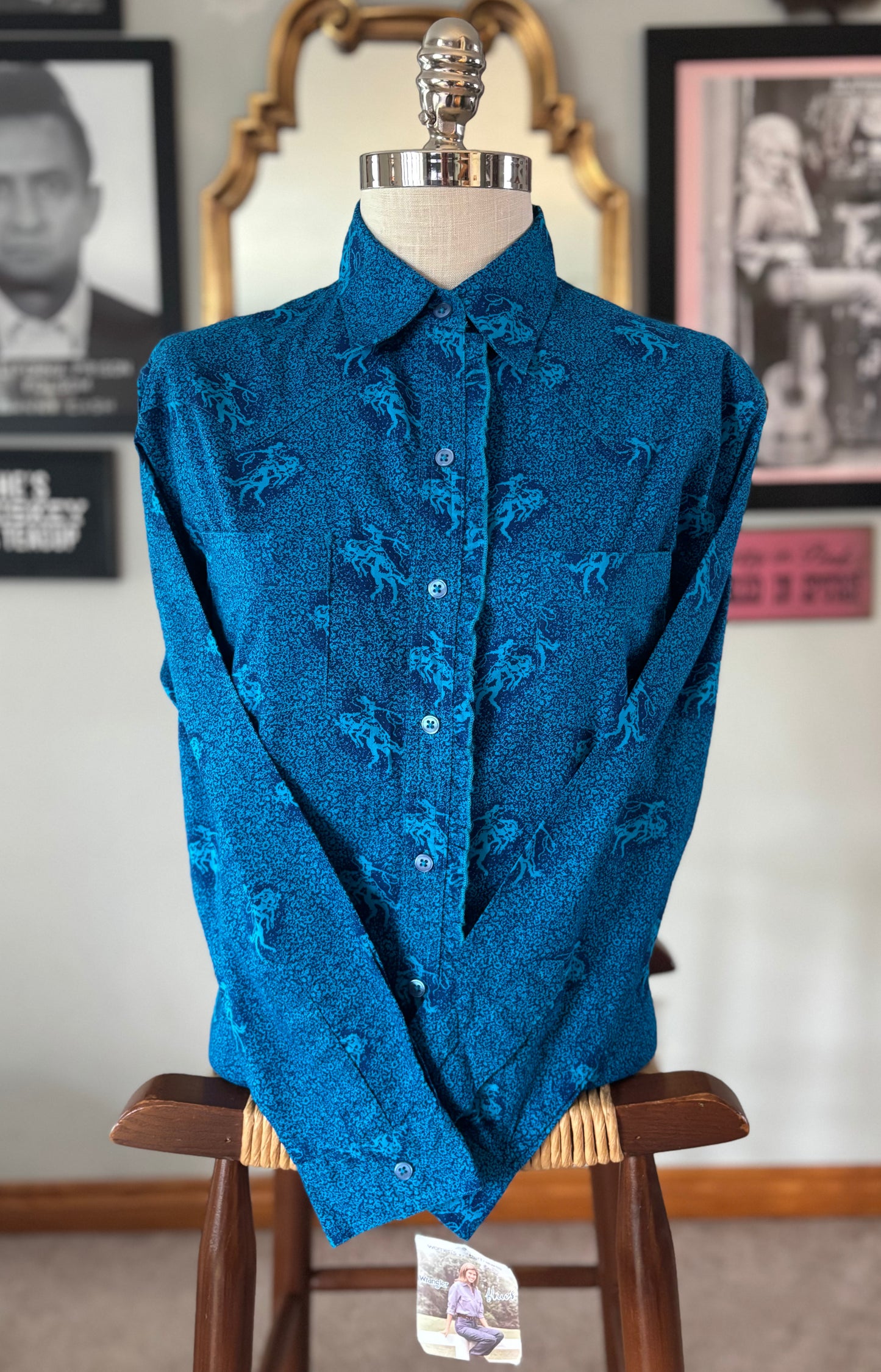 Vintage Wrangler Blues Western Shirt NWT | Turquoise Horse Print Button Up | Women’s Cotton Cowgirl Shirt | Deadstock Rodeo Top