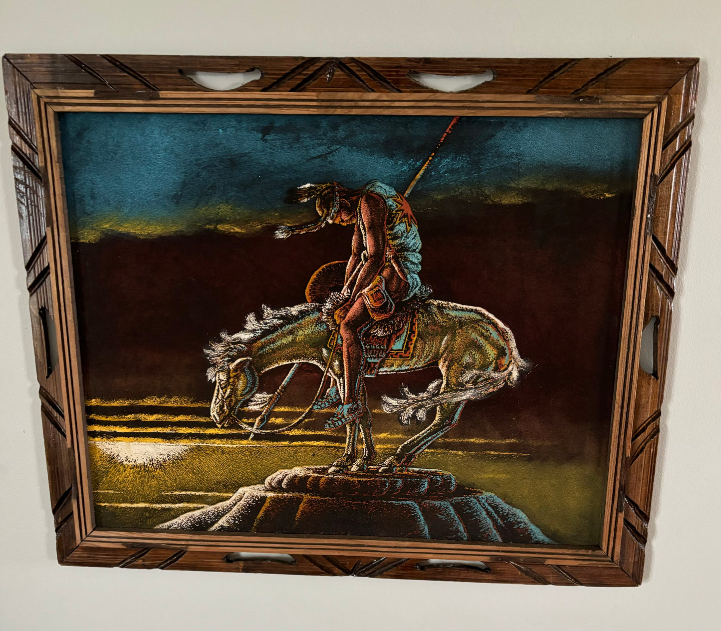 70’s Vintage Black Velvet Painting “End of Trail” with Wooded Frame | Hecho en Mexico