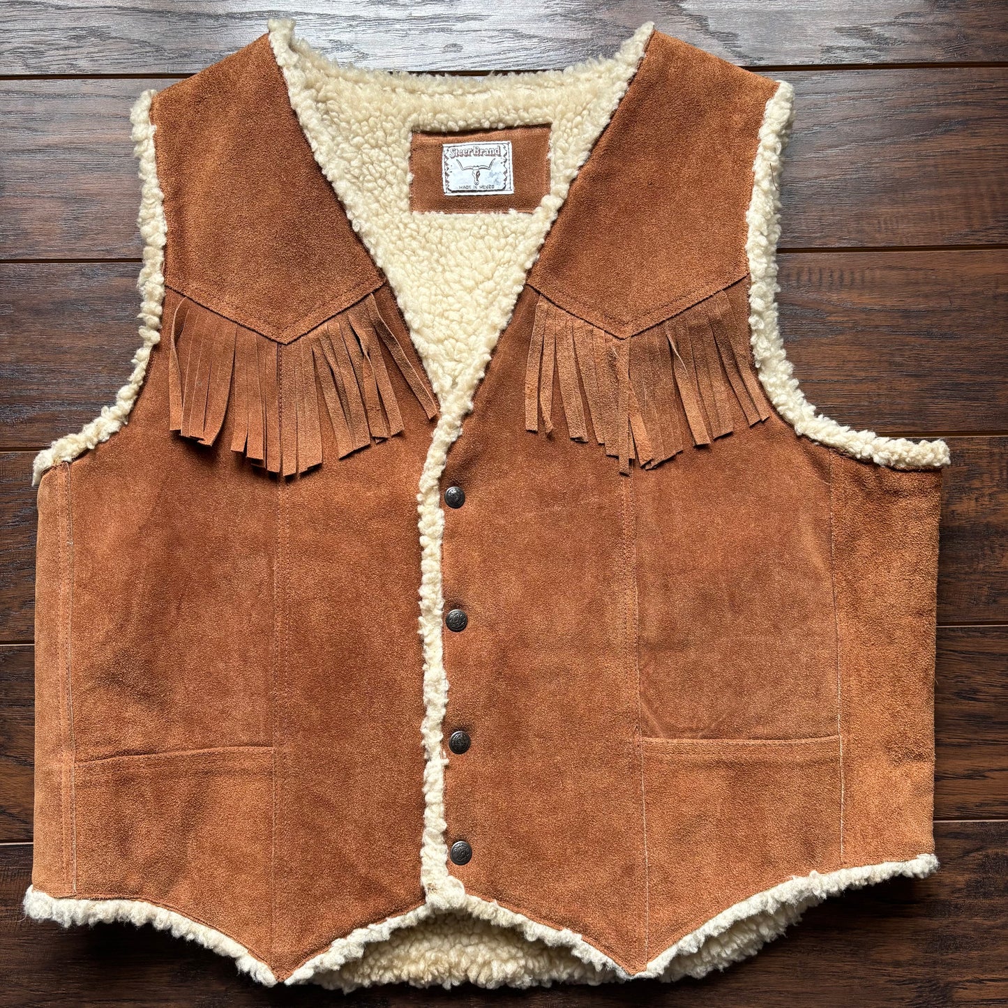 Vintage Western Men’s Steer Brand Suede Vest with Faux Sherpa Lining | Made in Mexico