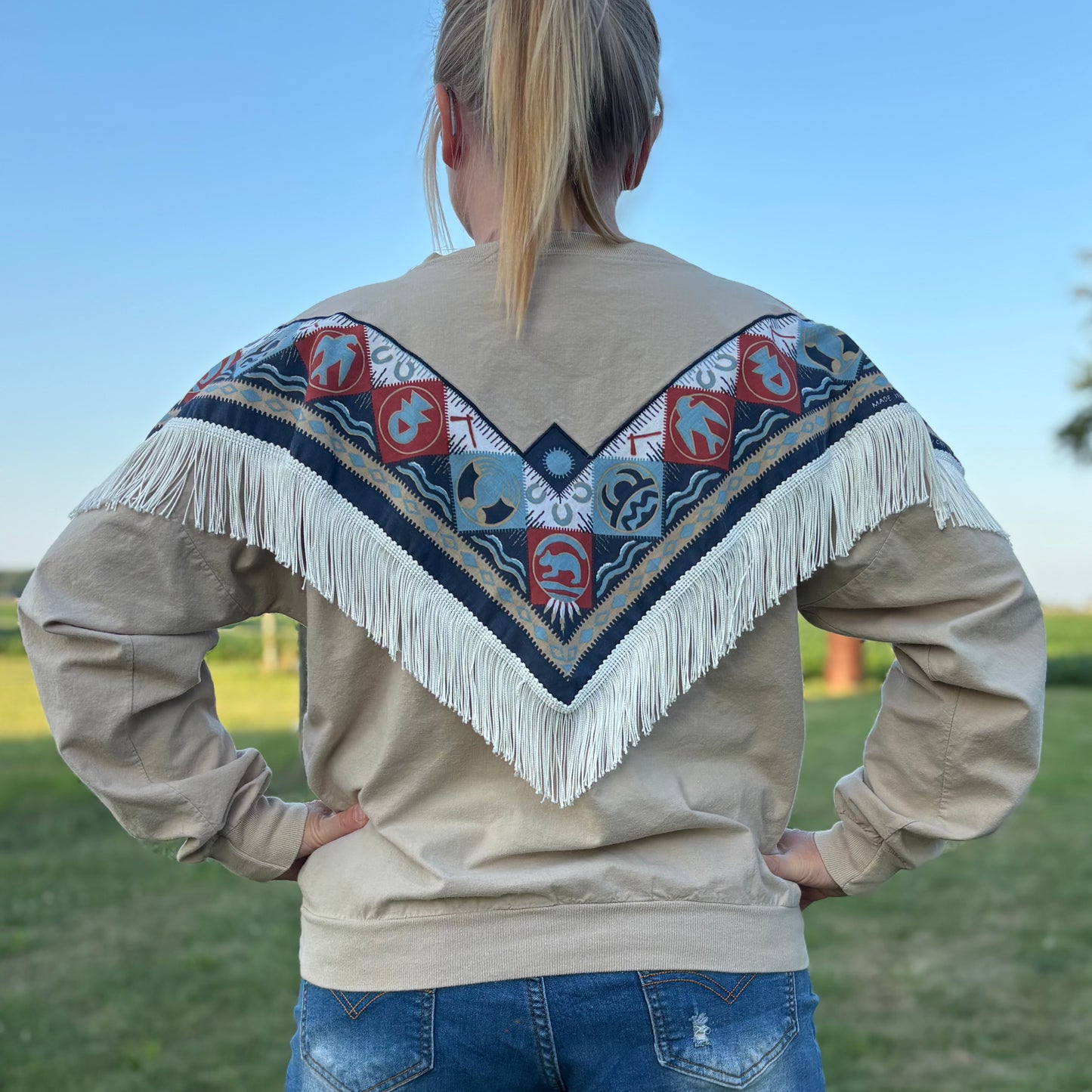 80’s/90’s Vintage Western Women’s Bandana Print Quitman Long Sleeve Tee with Beads and Fringe