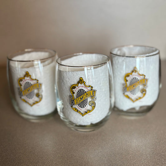 Vintage 1985 Oldsmobile Rocks Glasses Set of 3 | Lansing Michigan GM Barware | Retro Lowball Tumblers | Olds Motor Works Collectible
