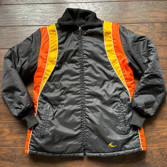 Vintage Bombardier Sportswear Black Ski/Snowmobile Jacket with Yellow and Orange Stripes| Made in USA