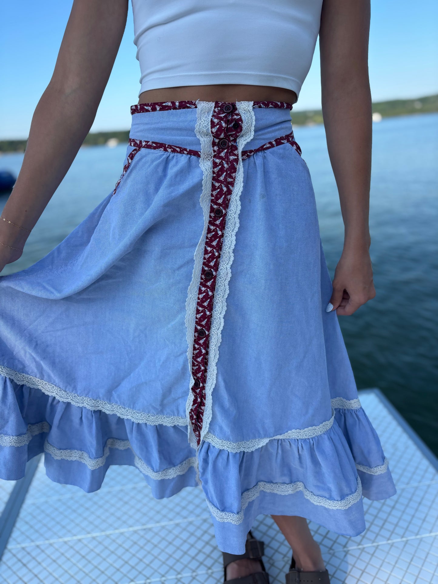Vintage Western Women’s Homemade Chambray Skirt with with Duck Print Trim