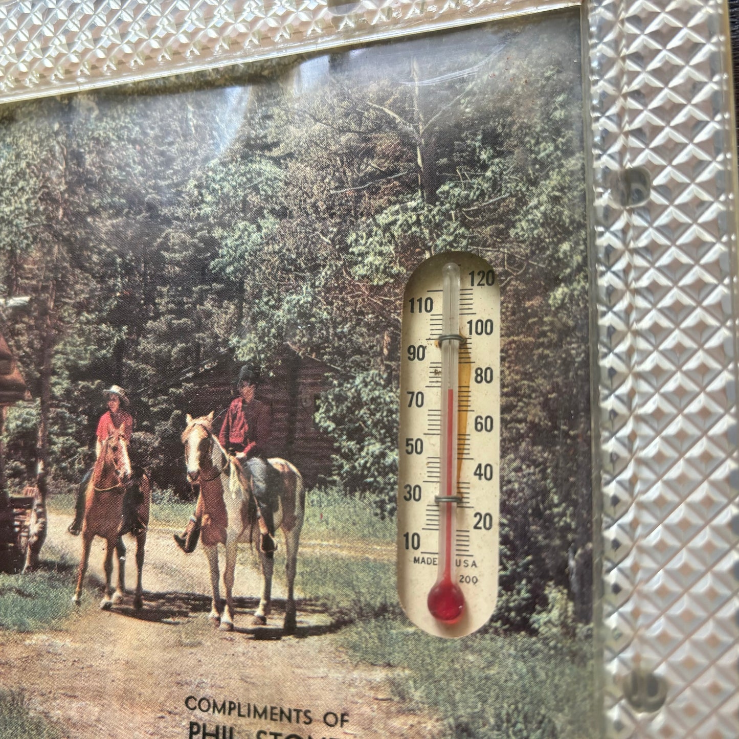 Vintage Western Advertising Thermometer Compliments of Phil Stone-Ithaca, MI