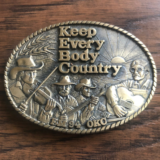 80’s Vintage Western “Keep Every Body Country” KEBC Radio Solid Brass Belt Buckle