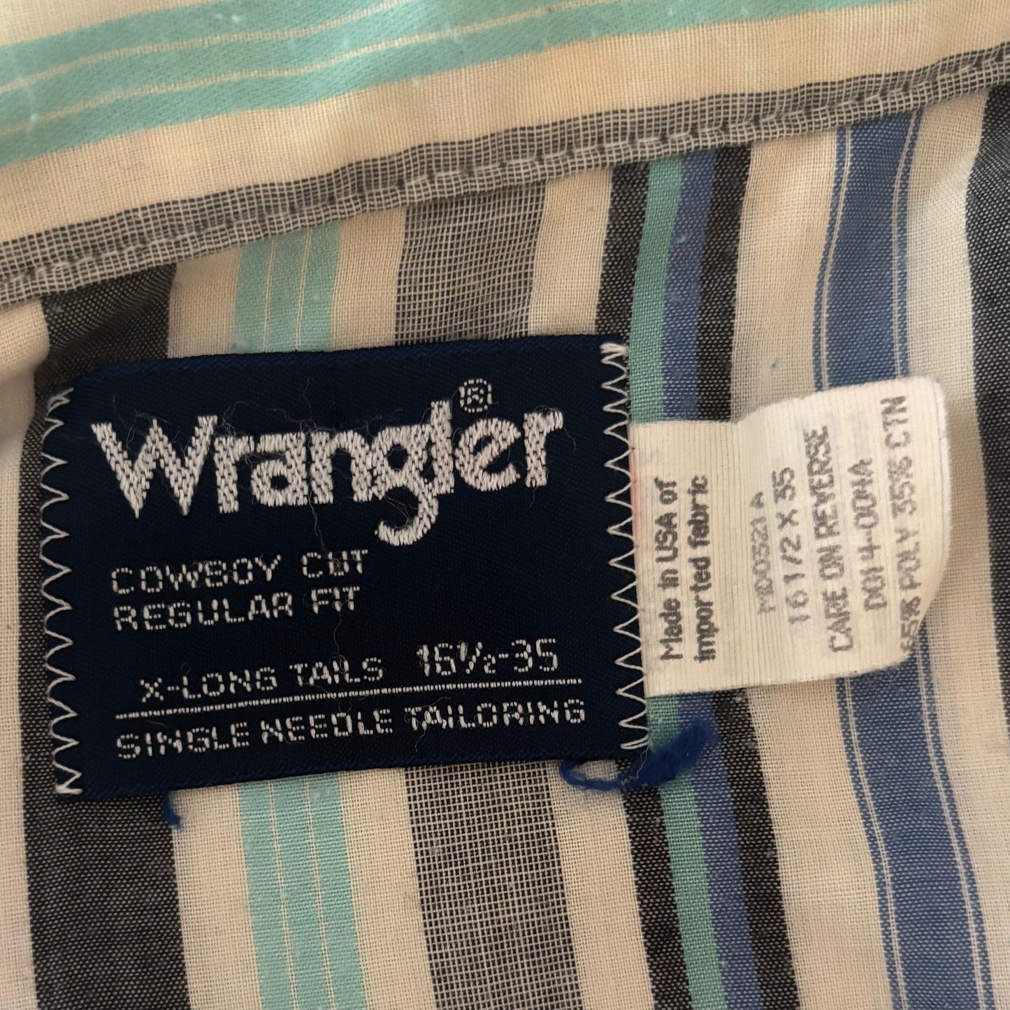 Vintage Wrangler Cowboy Cut Pearl Snap Western Shirt Made in USA Blue Gray Turquoise Striped Long Sleeve Men’s 15.5 x 35