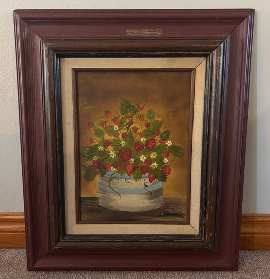 Vintage 1984 Strawberry Still Life Painting | Original Signed Canvas Art | Rustic Wood Frame | Cottagecore Farmhouse Kitchen Wall Decor
