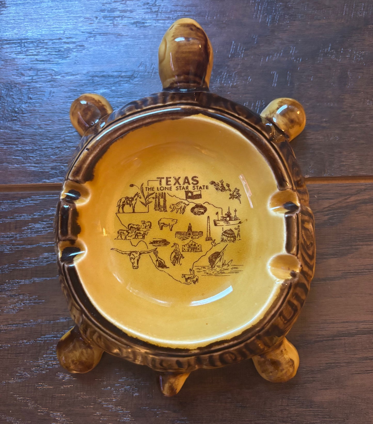 Vintage Texas Turtle Souvenir Ashtray | Mid Century Ceramic Brown Drip Glaze Ashtray | Lone Star State Travel Memorabilia | Retro Tobacciana