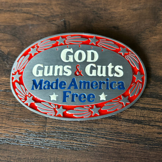 1978 Vintage “God Guns & Guts Made America Free”  Belt Buckle | The Great American Buckle Co.