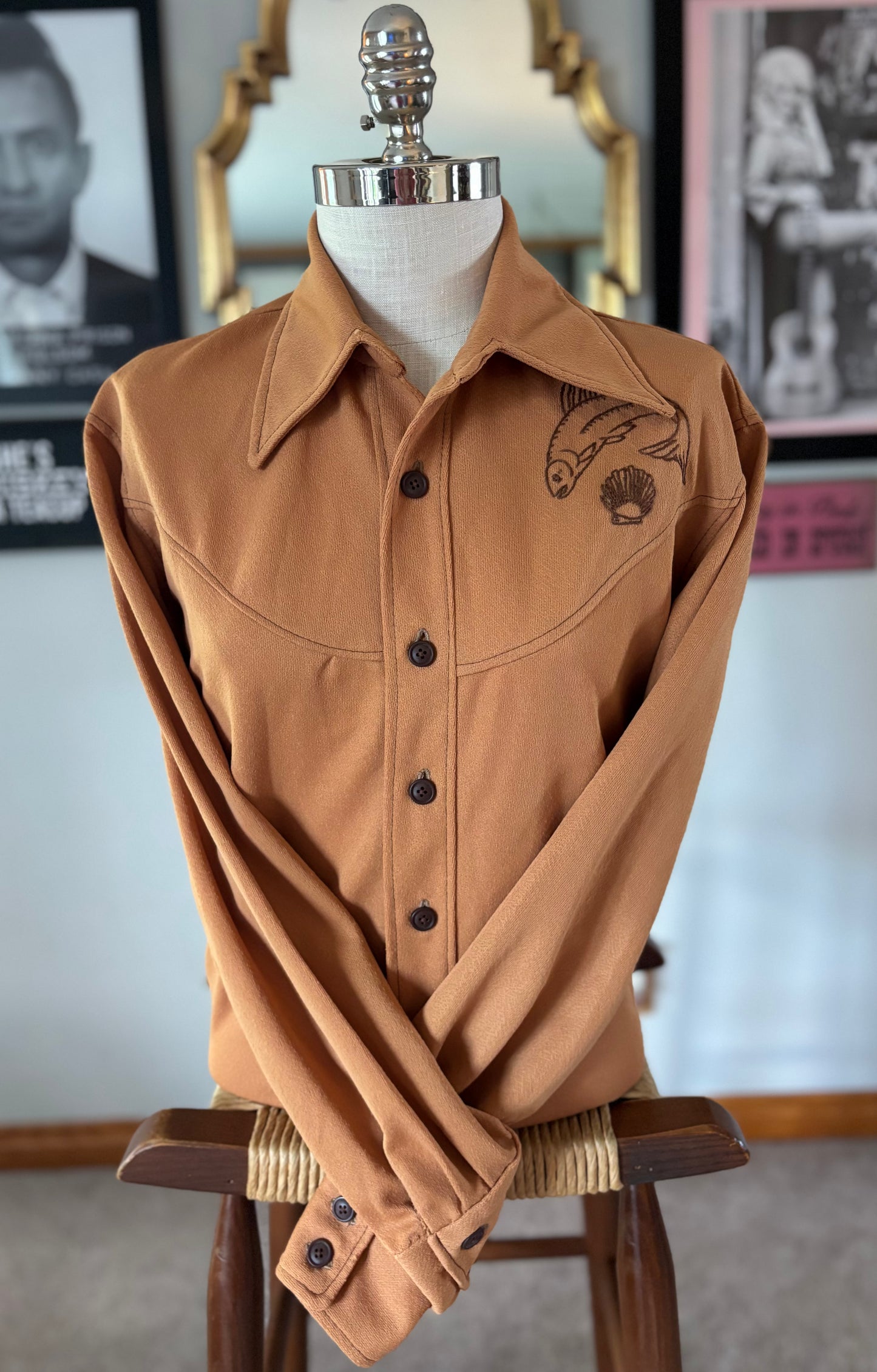 Vintage 1970s Handmade Embroidered Fish Western Shirt