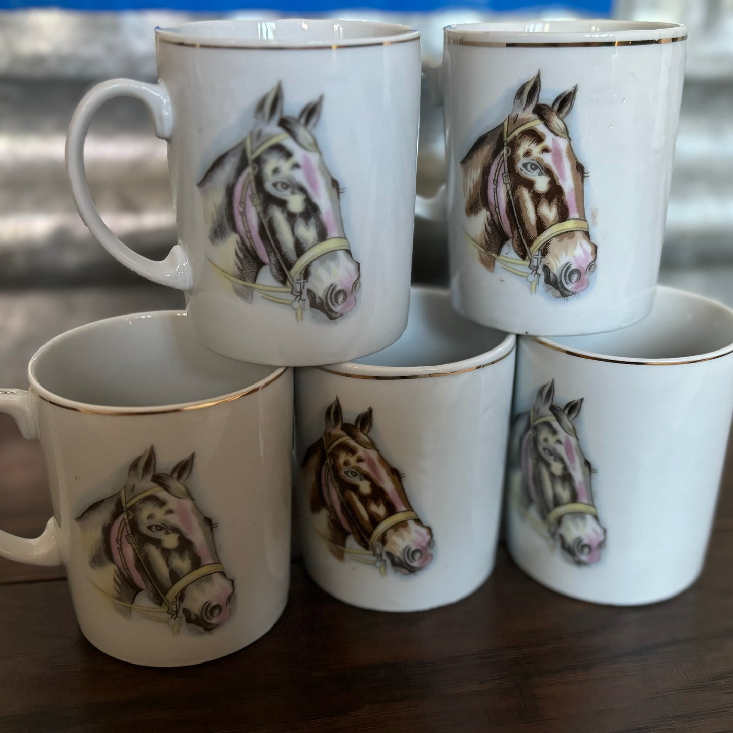 1960’s Vintage Set of 5 Horse Mugs with Gold Trim | Made in Japan