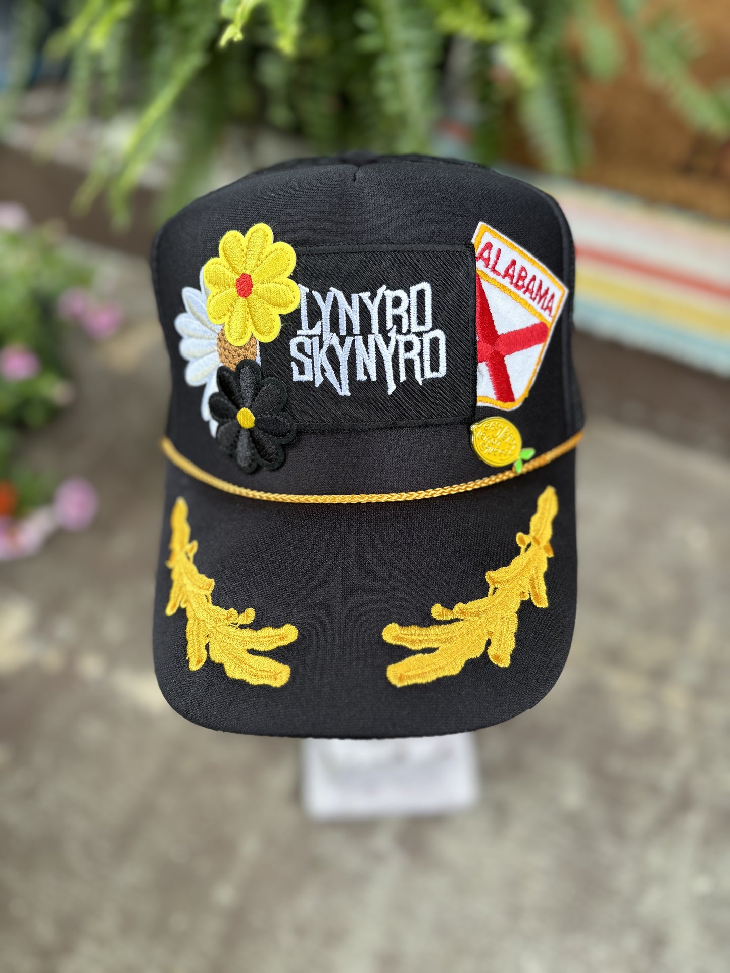 Cutomized Otto “Sweet Home Alabama” Trucker Hat with Vintage Lynyrd Skynyrd and Alabama Patches, Flower Patches and Enamel Pin