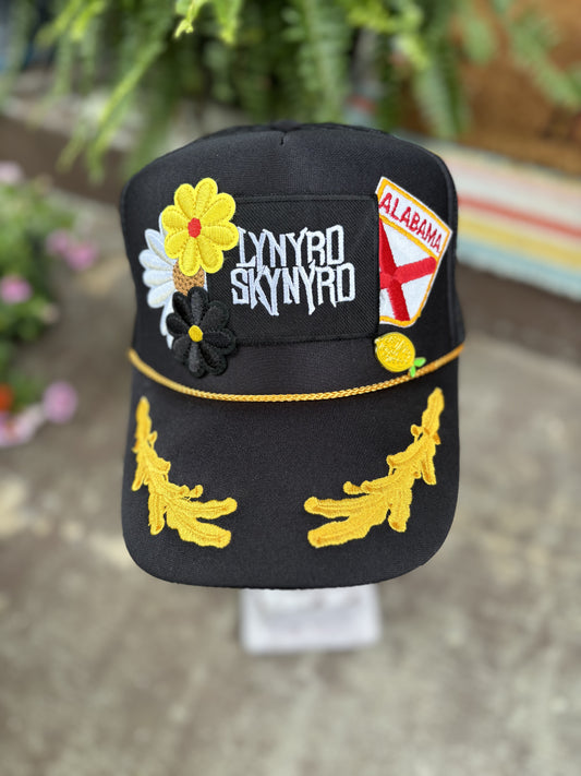 Cutomized Otto “Sweet Home Alabama” Trucker Hat with Vintage Lynyrd Skynyrd and Alabama Patches, Flower Patches and Enamel Pin