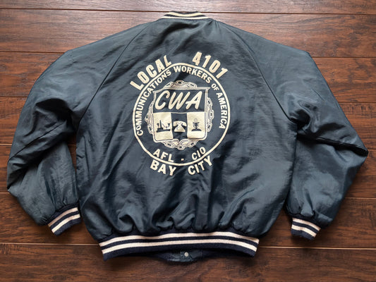 Vintage Men’s Butwin Nylon Bomber Jacket “Whitey” front Communications Workers of America Local 4101 Bay City, MI | Made in USA-Union Made