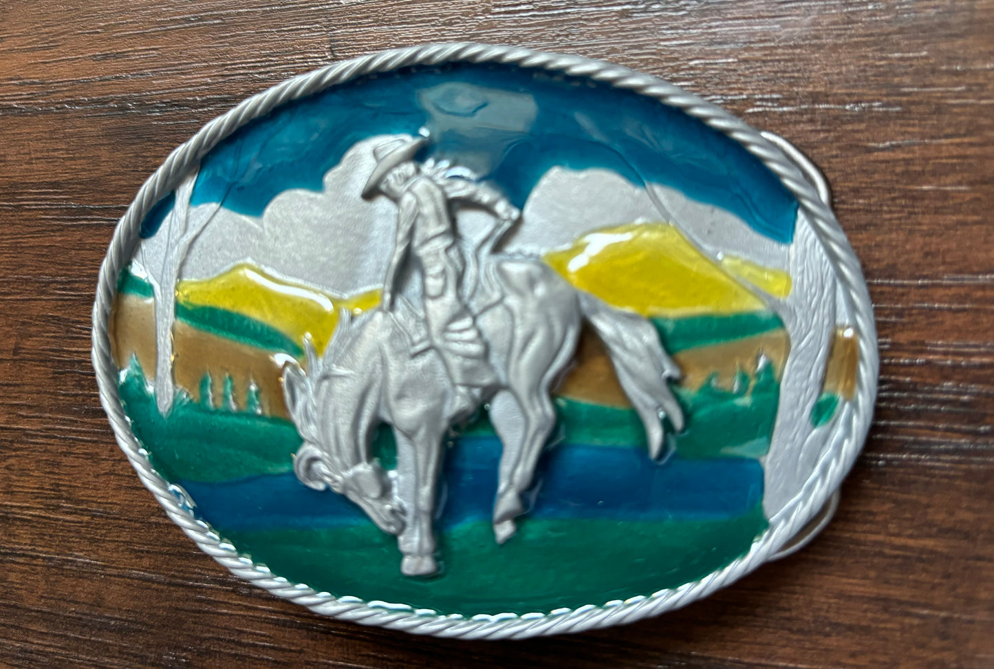 1981 Vintage Buckin’ Bronco Enamel Belt Buckle | The Great American Buckle Co.