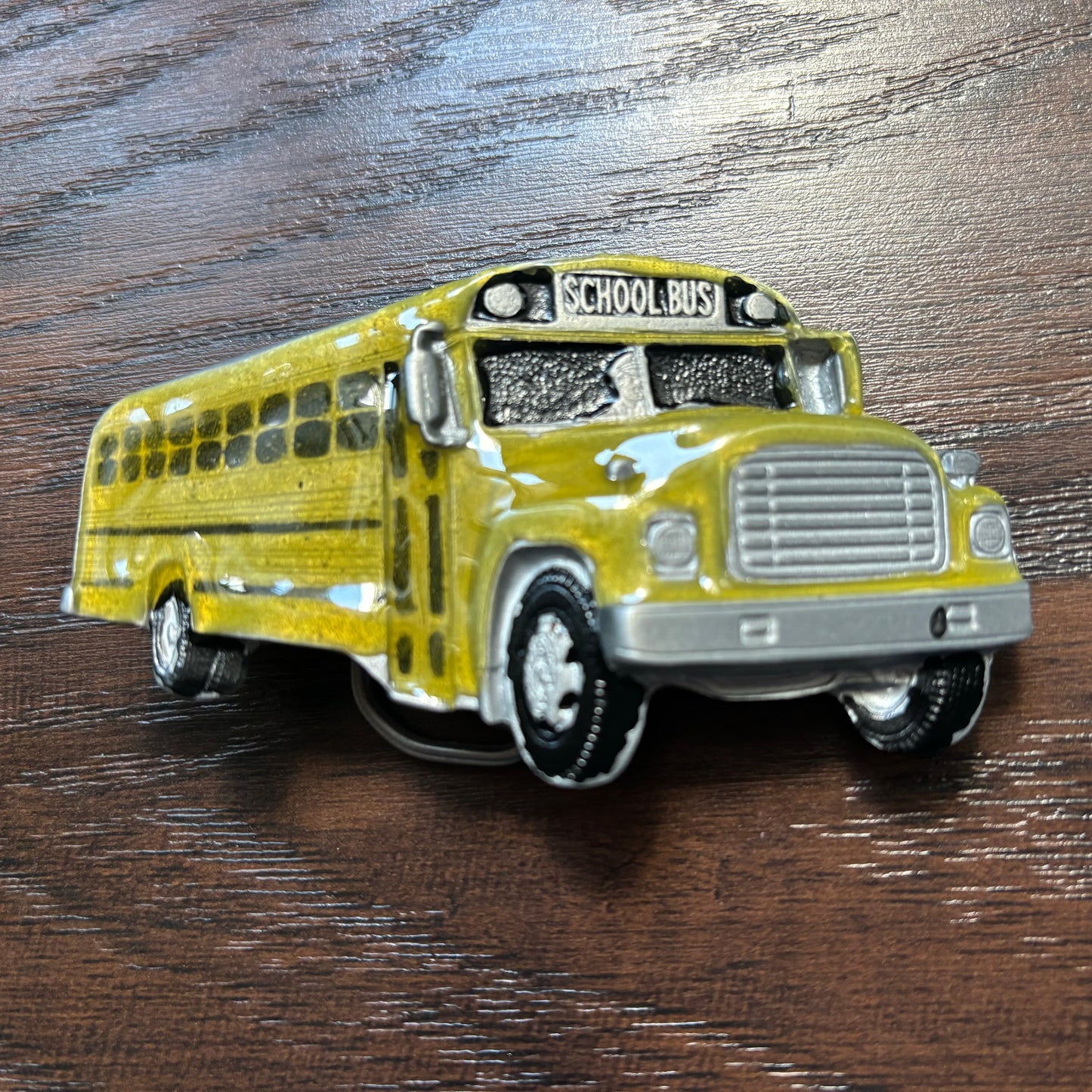 1982 Vintage Yellow School Bus Enamel Belt Buckle | The Great American Buckle Co.