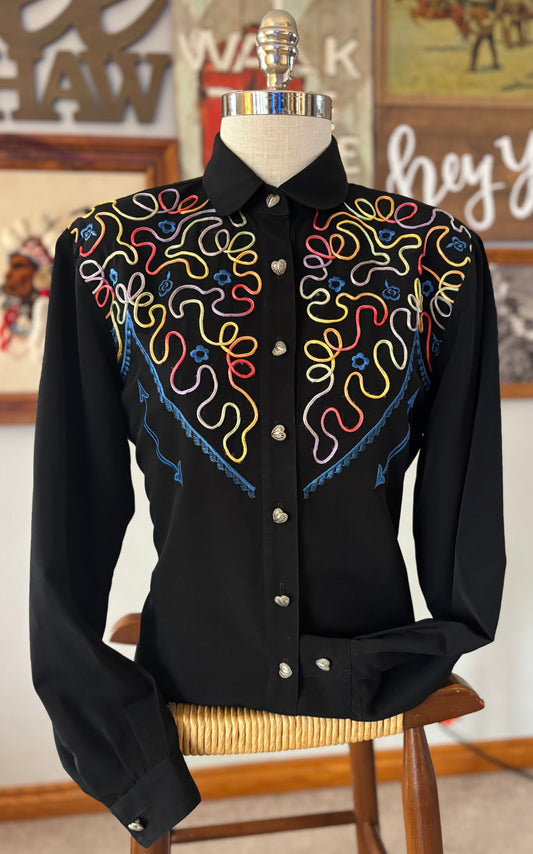Vintage Saddle Ridge Western Shirt Black | 1980s Chain Stitch Embroidered Cowgirl Snap Button Rodeo Blouse