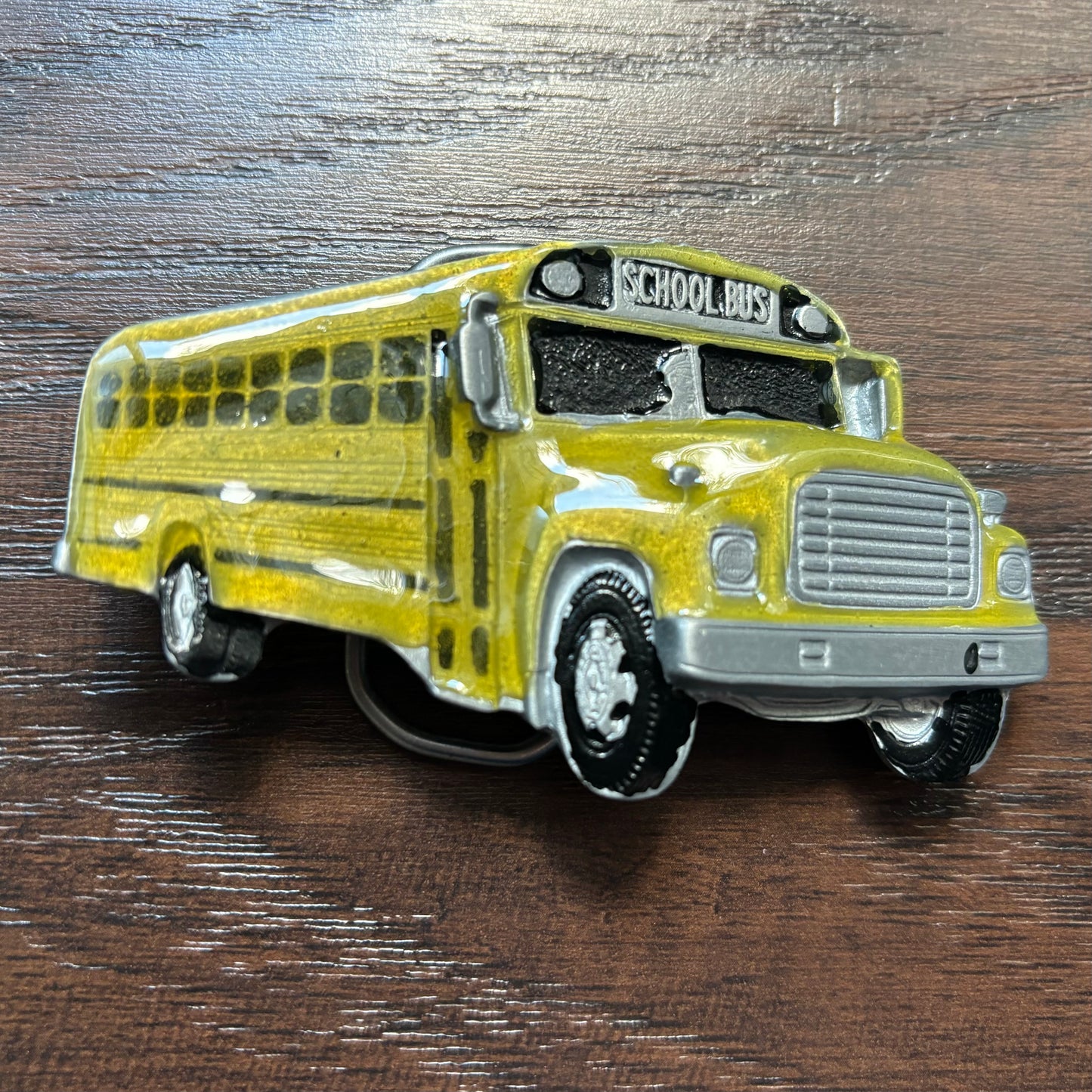 1982 Vintage Yellow School Bus Enamel Belt Buckle | The Great American Buckle Co.