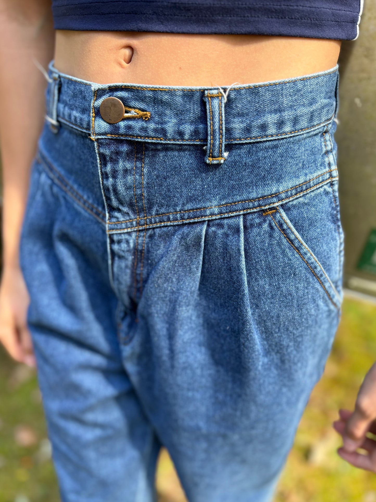 Vintage Women’s Pleated Waist Tapered Leg French Navy Jeans | Made in Singapore