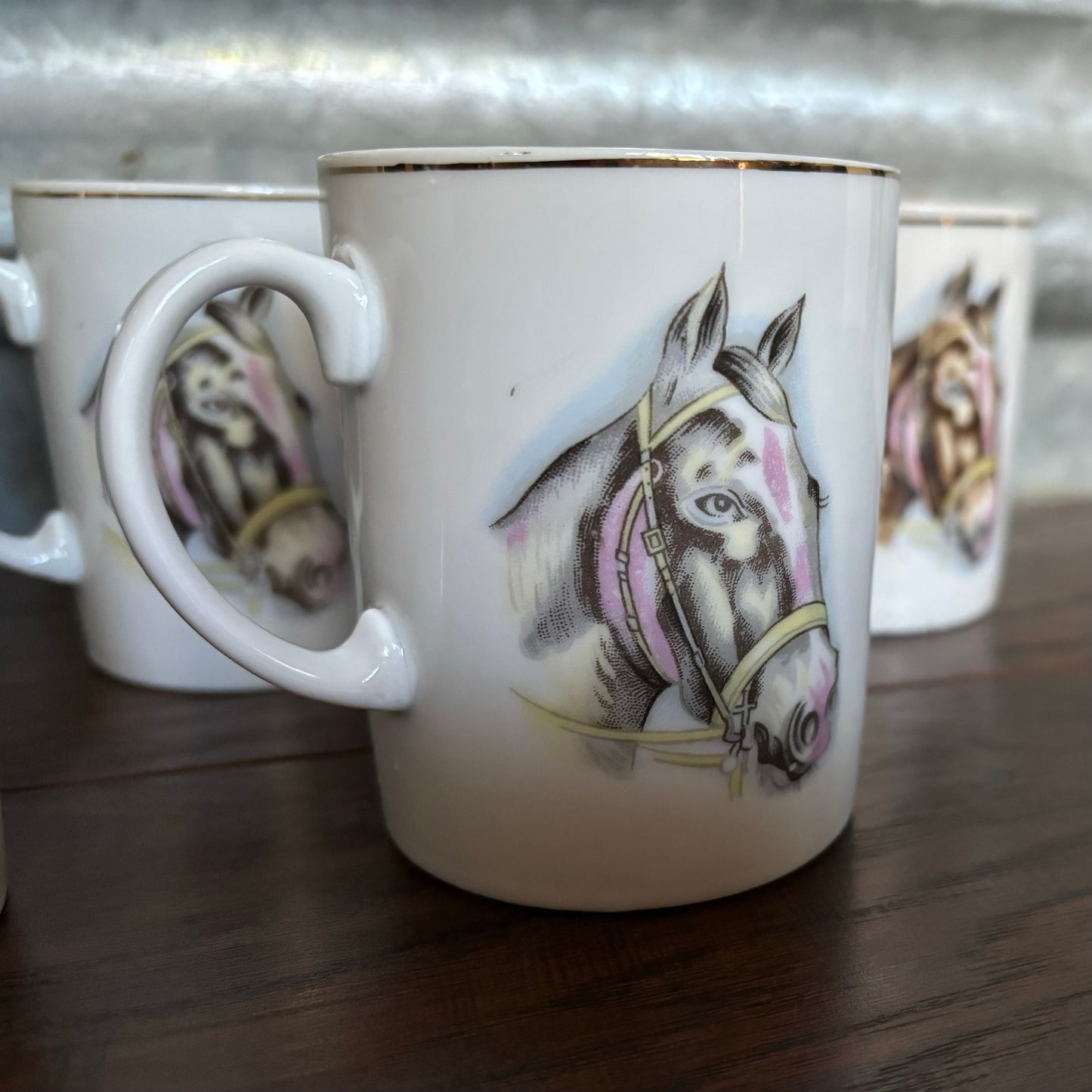 1960’s Vintage Set of 5 Horse Mugs with Gold Trim | Made in Japan