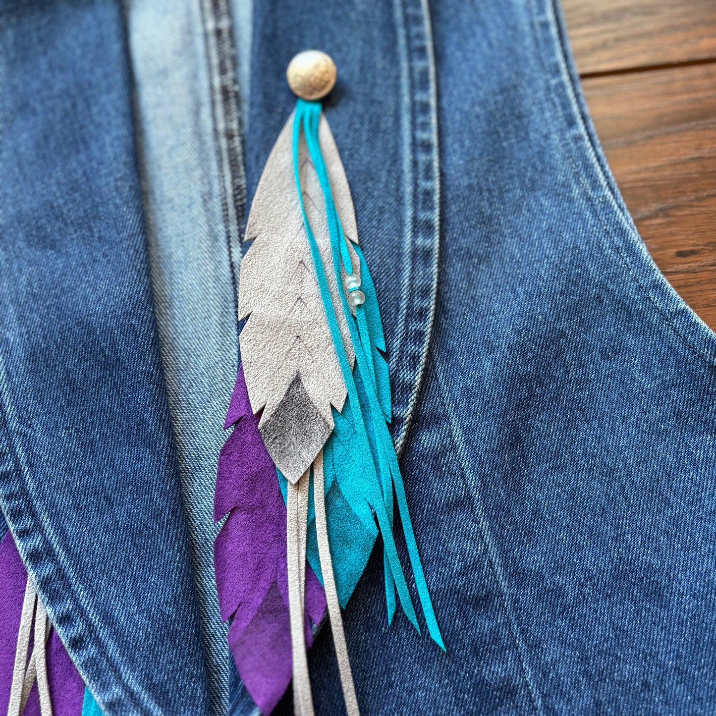 90’s Vintage Western Women’s Wanted Beautiful by Beads Denim Vest with Feathers