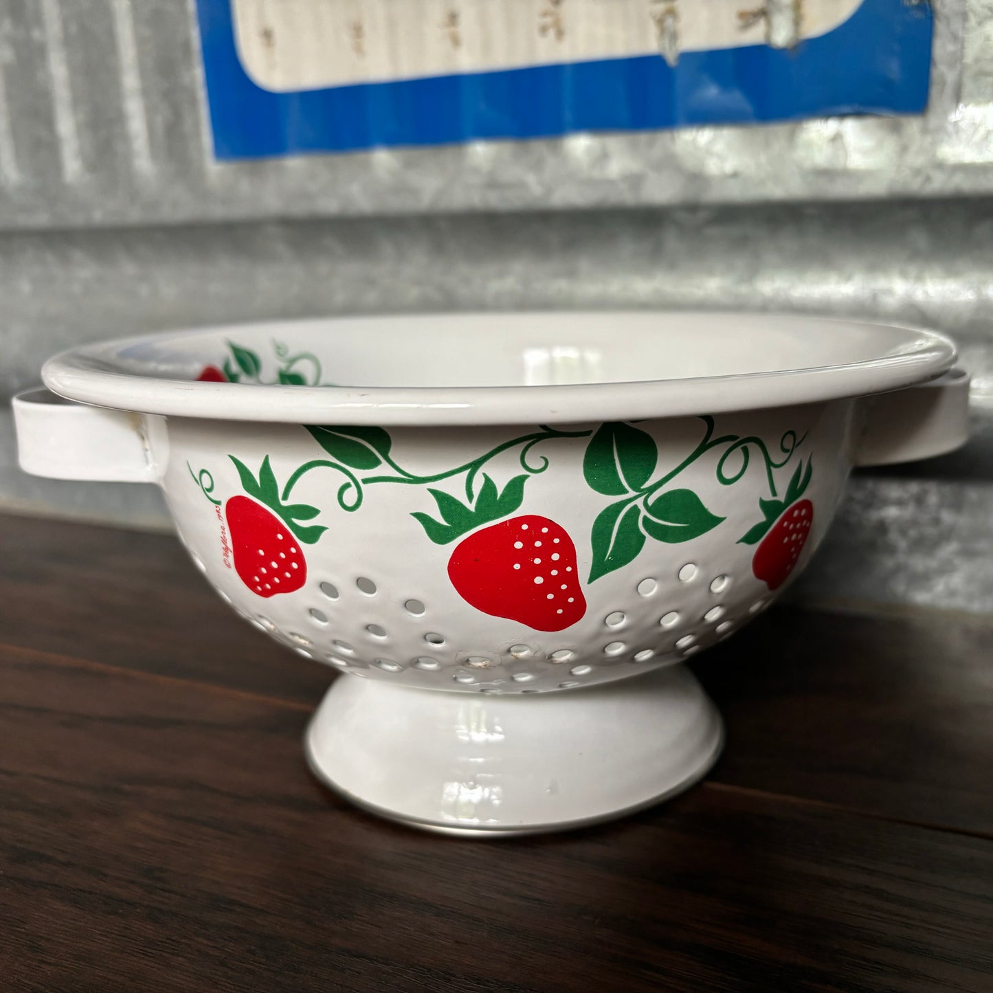 1983 Vintage Teleflora White Enamelware Strawberry Colander | Made in Korea