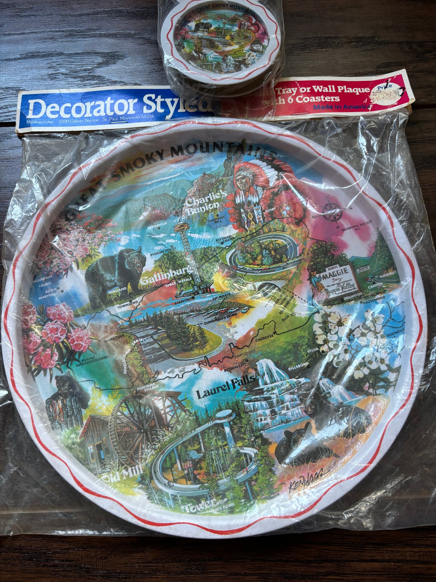 Vintage 1970s Great Smoky Mountains Souvenir Tray & 6 Coasters Gatlinburg Tennessee