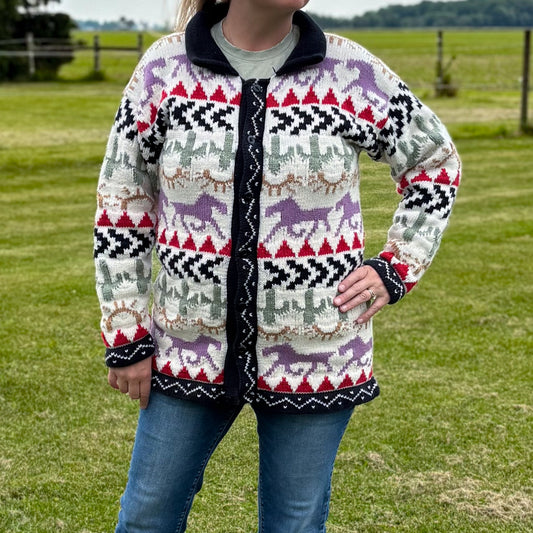Vintage Western Women’s Knit Sweater Cardigan with Horses and Cacti