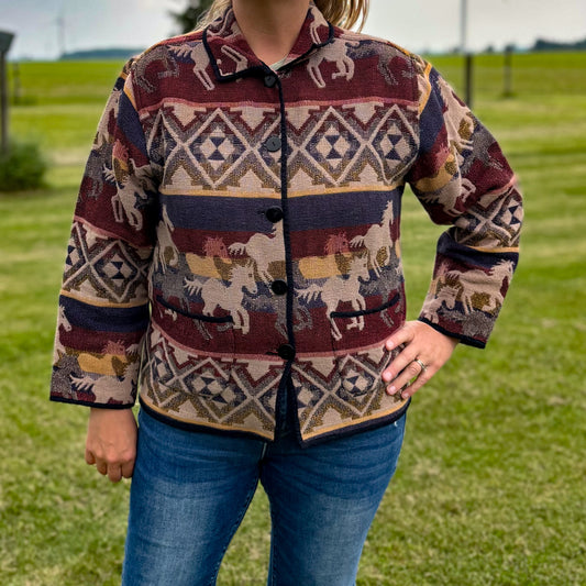 Vintage Western Women’s Jane Ashley Horse Theme Tapestry Jacket/Blazer
