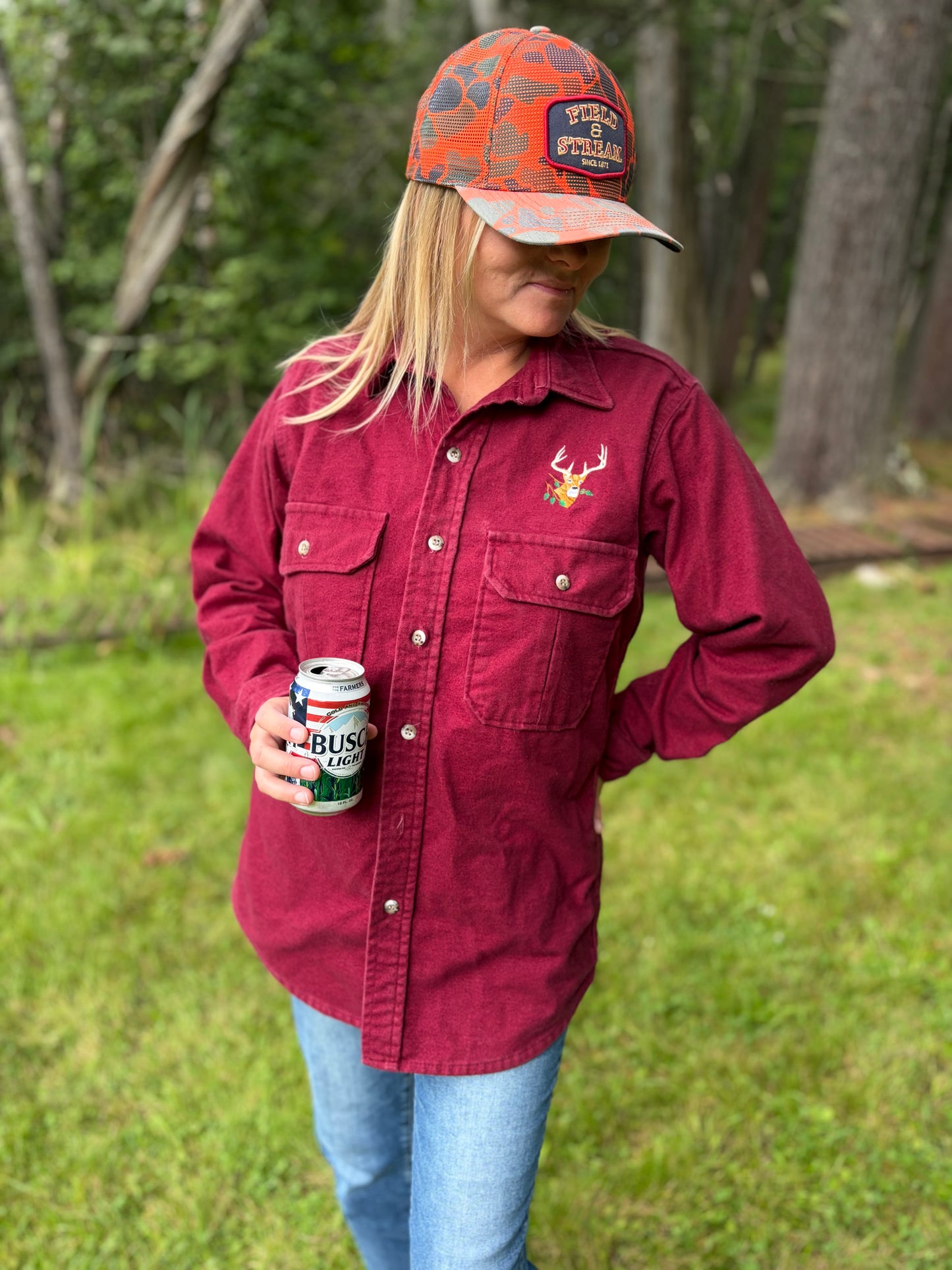Vintage 90s Cabela’s Deer Chamois Shirt Made in USA Burgundy Hunting Outdoors Button Up