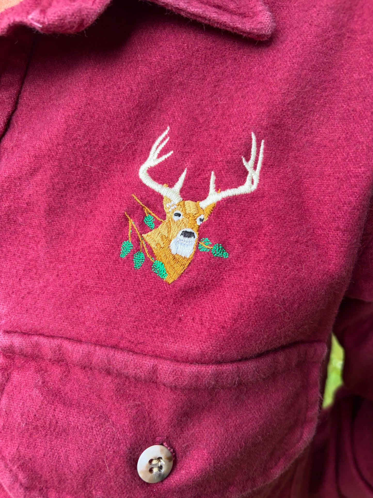 Vintage 90s Cabela’s Deer Chamois Shirt Made in USA Burgundy Hunting Outdoors Button Up