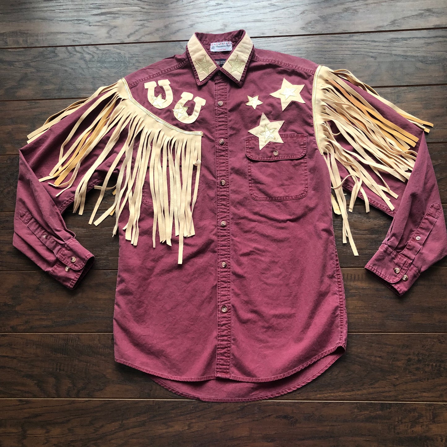 Vintage Western Women’s Upcycled Faded Glory Shirt with Fringe and Horseshoes