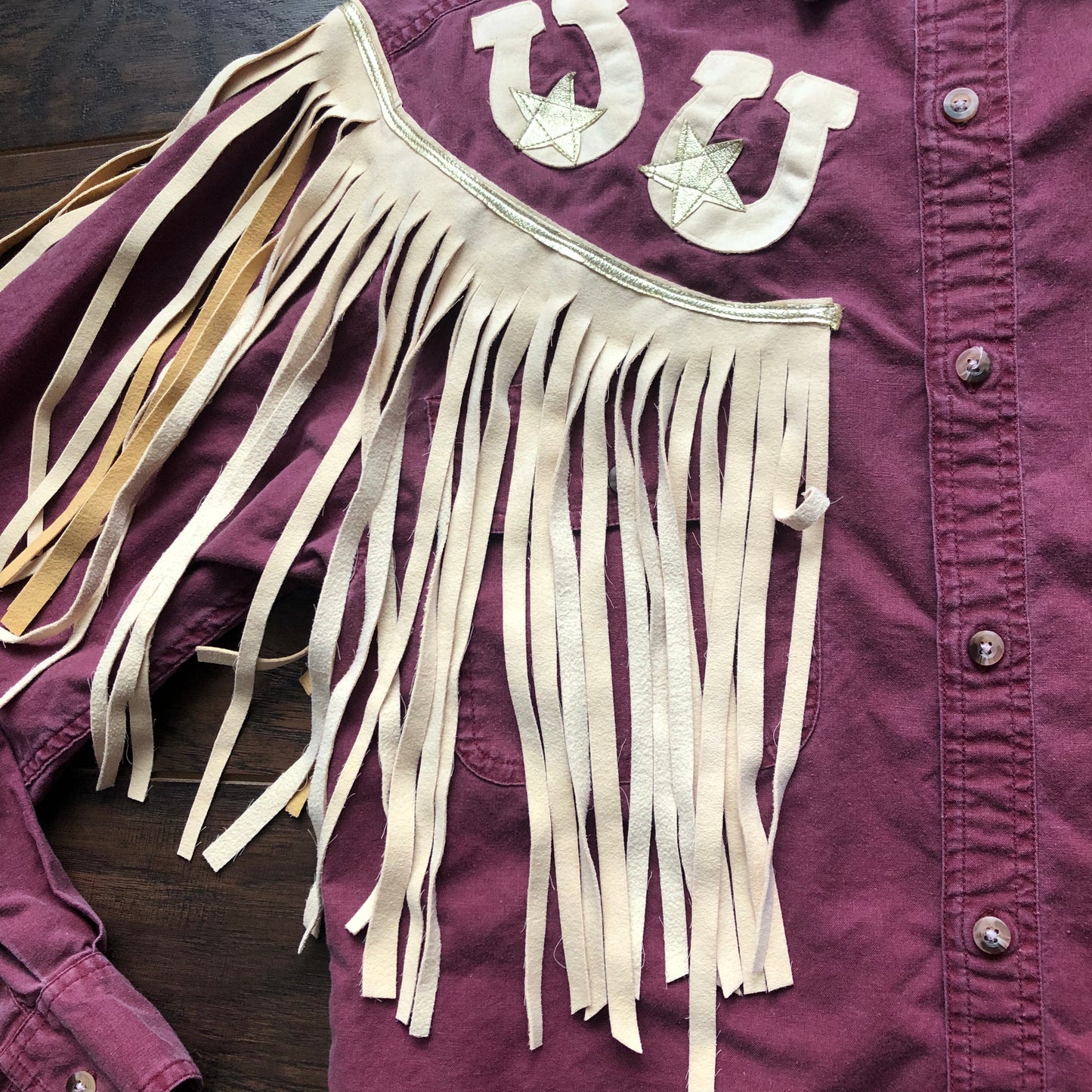 Vintage Western Women’s Upcycled Faded Glory Shirt with Fringe and Horseshoes