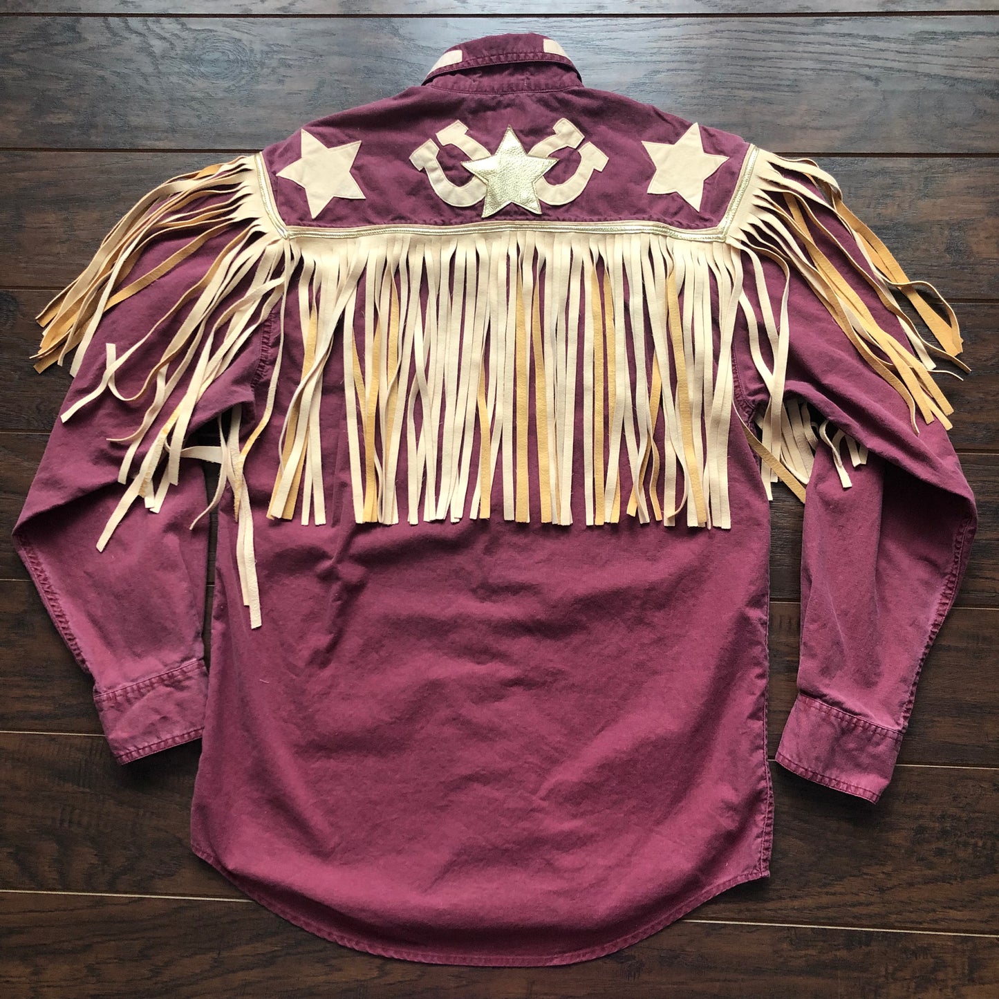 Vintage Western Women’s Upcycled Faded Glory Shirt with Fringe and Horseshoes