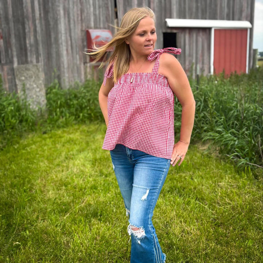 Sweeter Than Cherry Pie Red and White Gingham Shoulder Tie Top