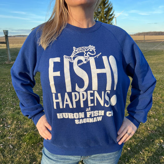 90’s Vintage Lee Crew Neck Sweatshirt “Fish Happens at Huron Fish Co. Saginaw”