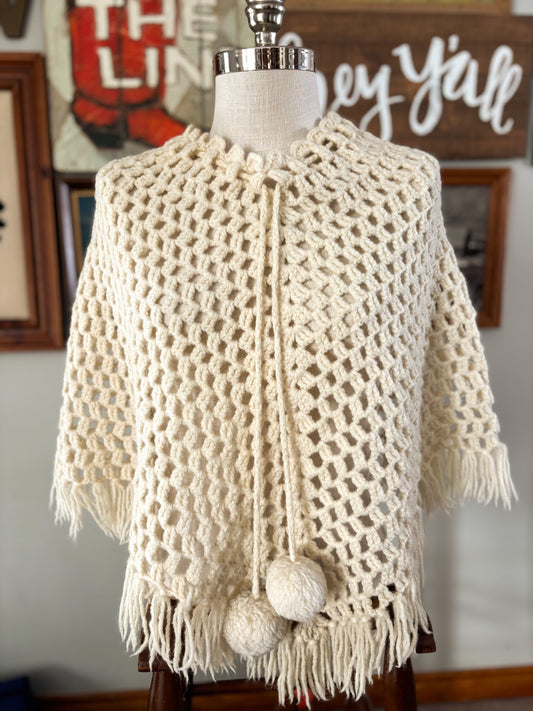 Vintage Handmade Off White Crocheted Cape Poncho