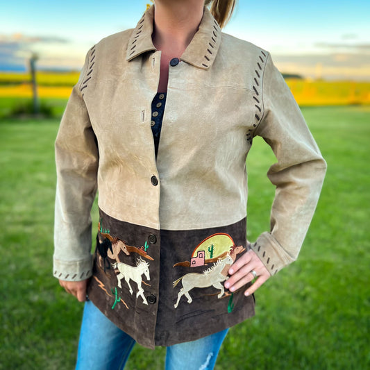 90’s Vintage Womens’s The Quacker Factory Leather Jacket with Horses and Desert Scene