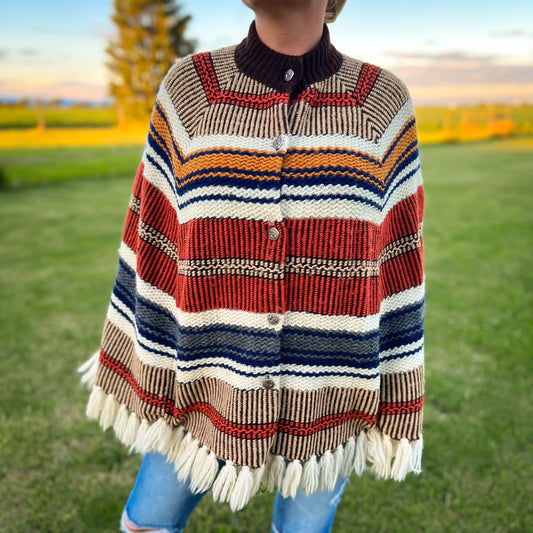 70's Vintage Boho Hippie 100% Virgin Wool Button Down Cape Poncho