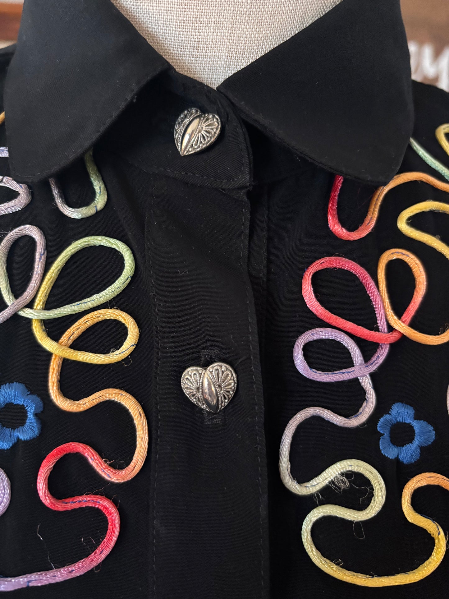 Vintage Saddle Ridge Western Shirt Black | 1980s Chain Stitch Embroidered Cowgirl Snap Button Rodeo Blouse
