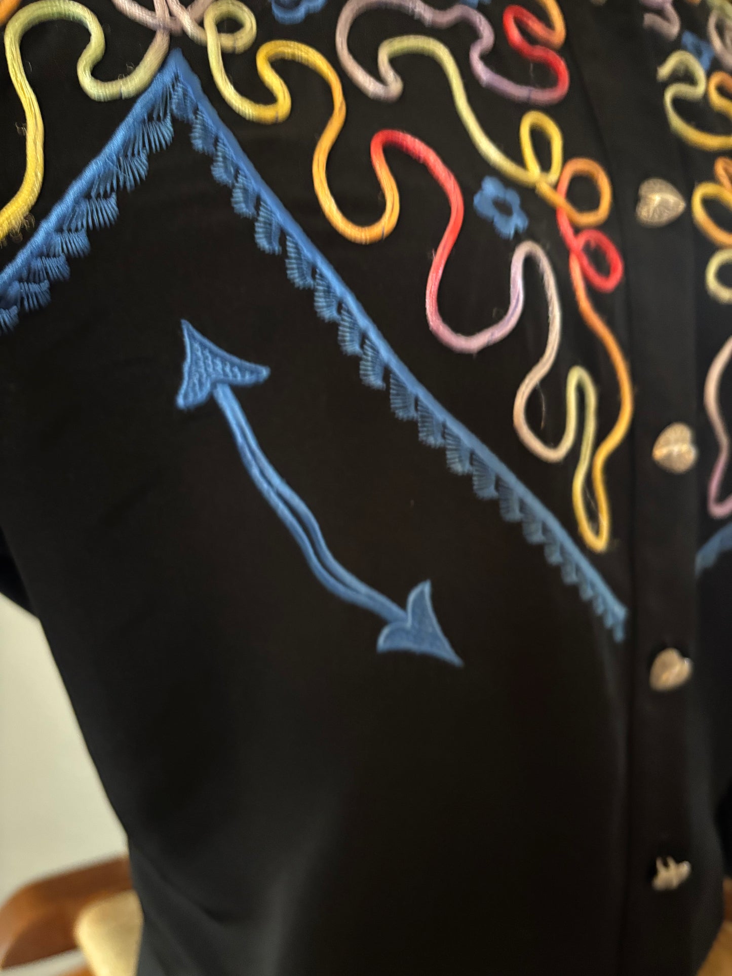Vintage Saddle Ridge Western Shirt Black | 1980s Chain Stitch Embroidered Cowgirl Snap Button Rodeo Blouse