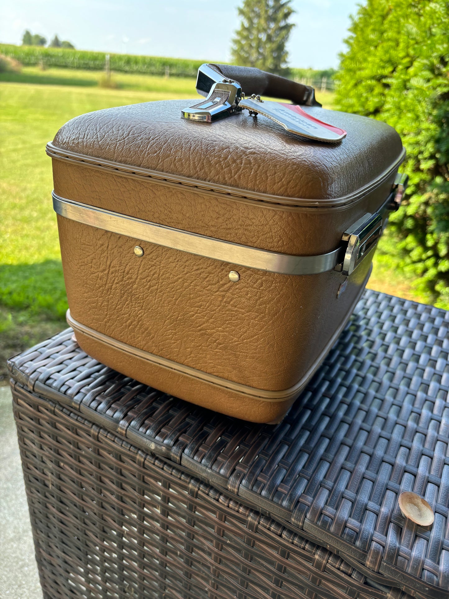 Vintage American Tourist Luggage Train Case with Mirror, Tray and Keys