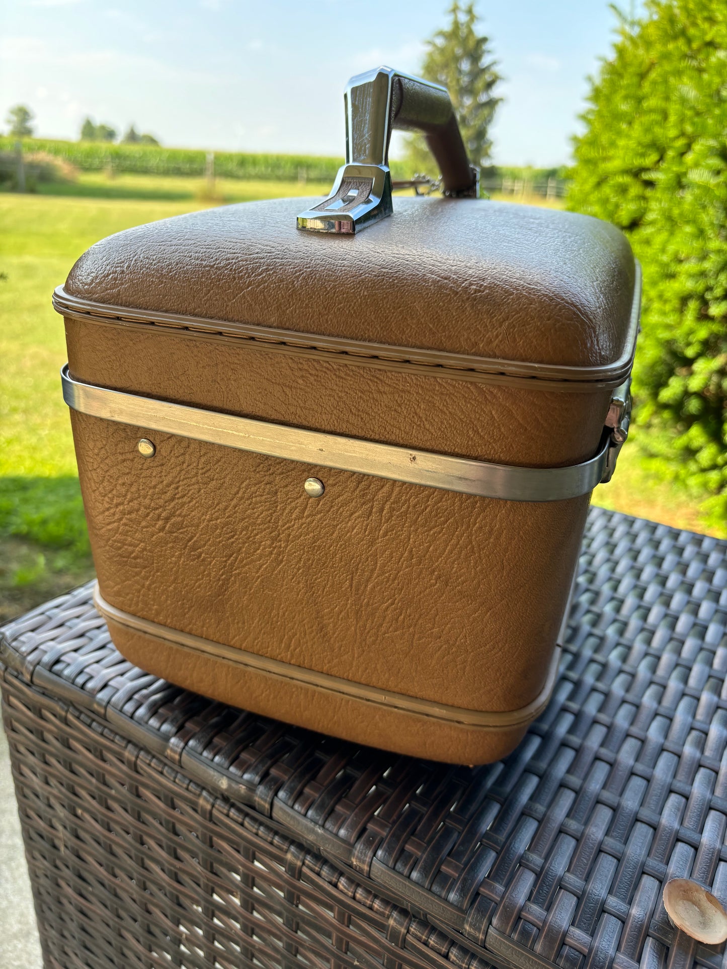 Vintage American Tourist Luggage Train Case with Mirror, Tray and Keys