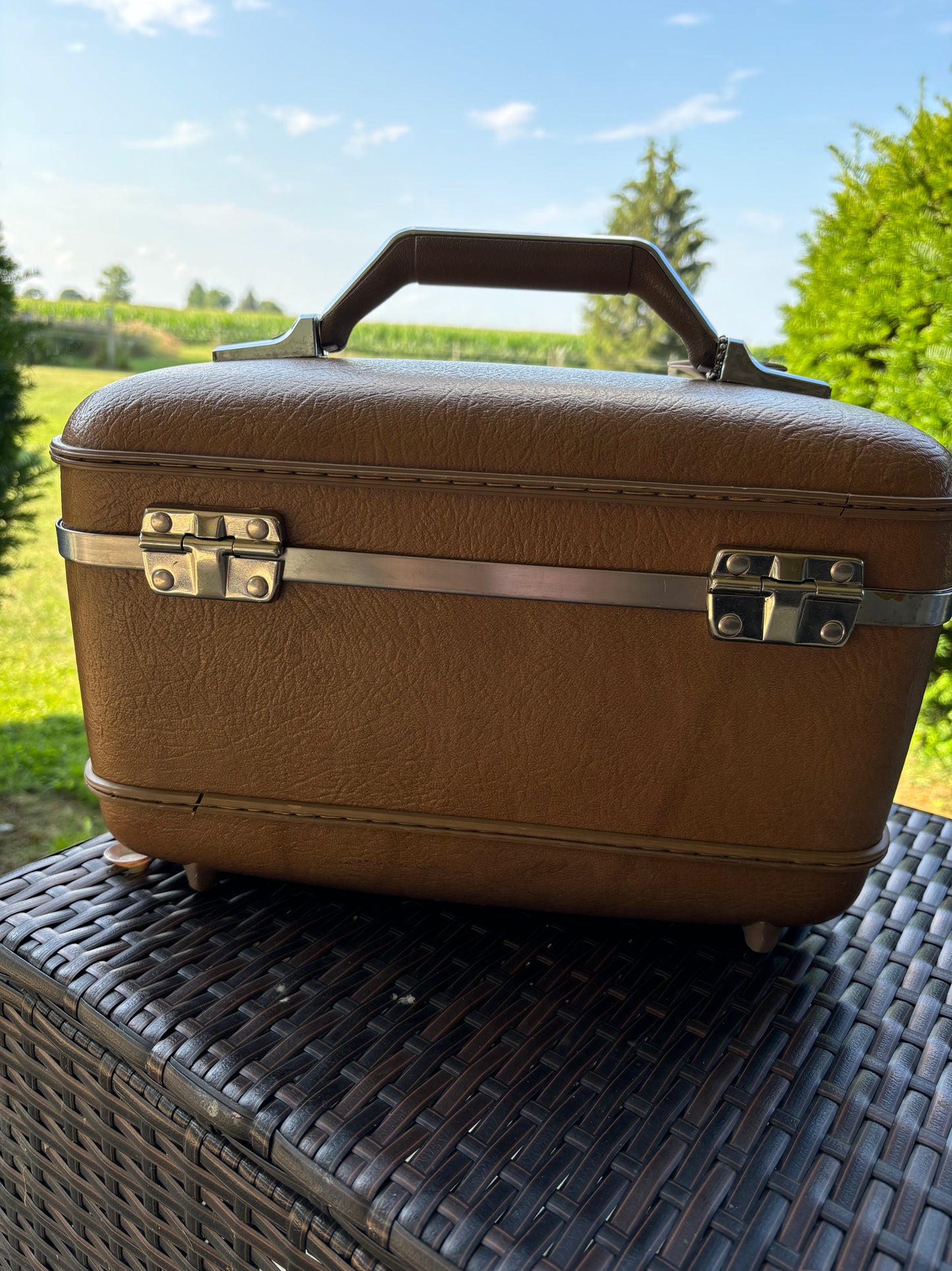 Vintage American Tourist Luggage Train Case with Mirror, Tray and Keys