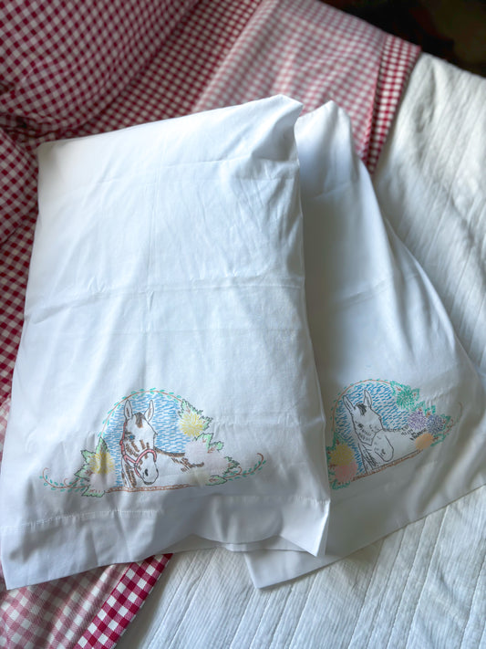 Vintage Western Horse Hand Drawn Pillowcases for Embroidery | Set of 2