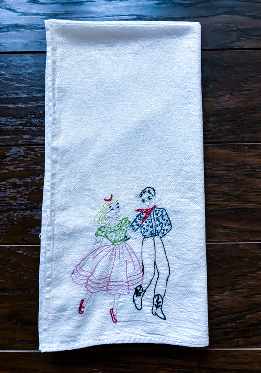 Vintage White Cotton Embroidered Square Dancing Tea Towel