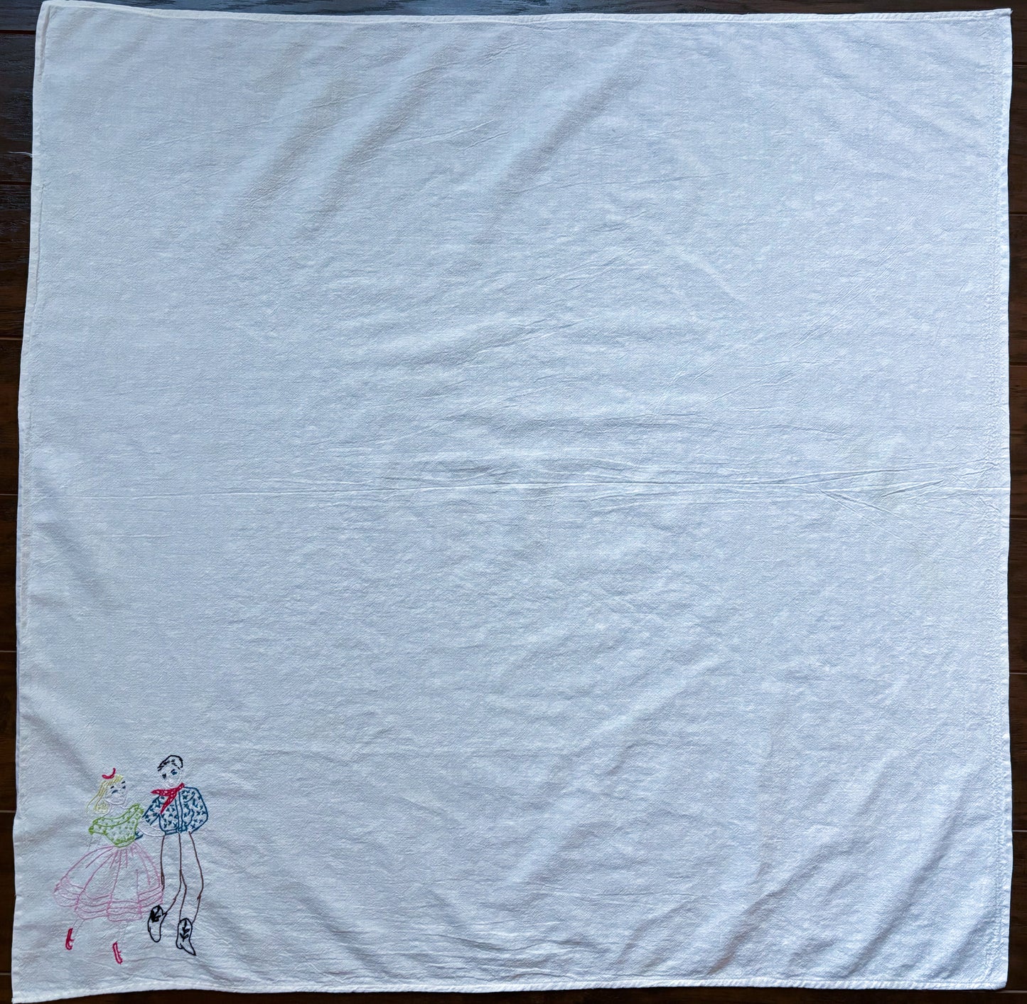 Vintage White Cotton Embroidered Square Dancing Tea Towel